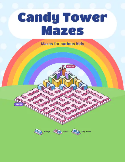Candy Tower Mazes: a paperback cover made in Cover Studio (Rainbow Arc) from a Steps & towers maze